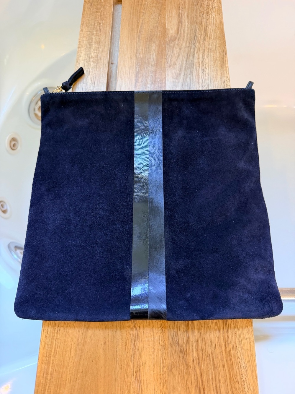 Clare V Foldover Clutch w/ Tabs - Navy Suede w/ Stripes $245